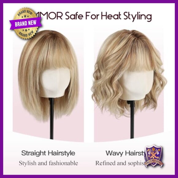Shoulder Length Layered Bob Human Hair Wig with Bangs Breathable Cap main image 3